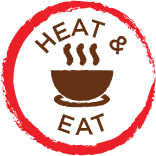 round red circle jaggered edge with the words Heat Eat and bowl with steam centered