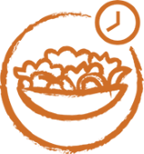 orange, partial circle with clock, bowl of food centered